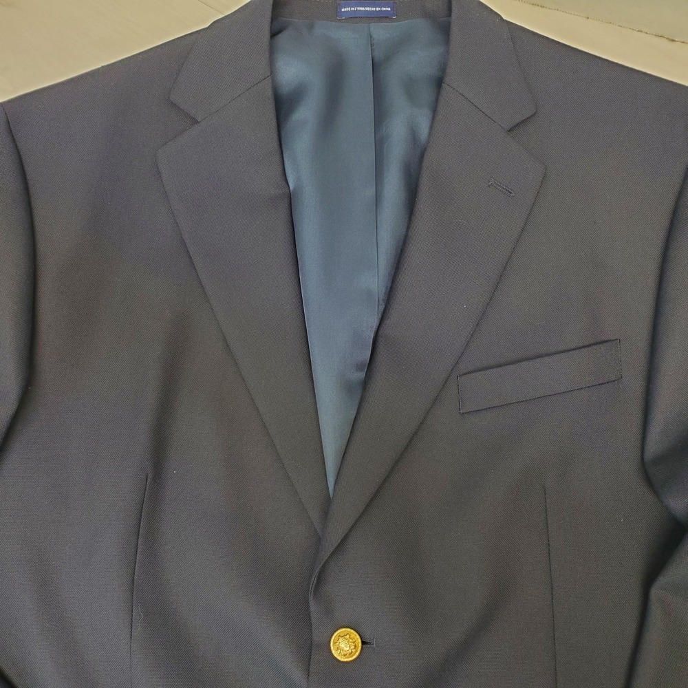 Stafford Essentials Mens Navy Blue Wool Blend Gold Button Blazer 44S Ivy League